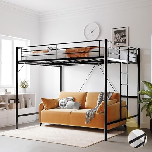 VINGLI Queen Loft Bed with Flat Rungs for Adults, Kids and Young Teens, No Box Spring Required,Heavy Duty Metal Slat Support, Black