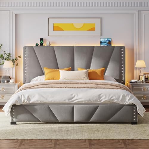 EnHomee King Size Bed Frame, Velvet Bed Frame with Headboard and Led Light, Platform Bed Frame for Bedroom Apartment, Dorm, Noise-Free, Easy Assembly, Dark Gray