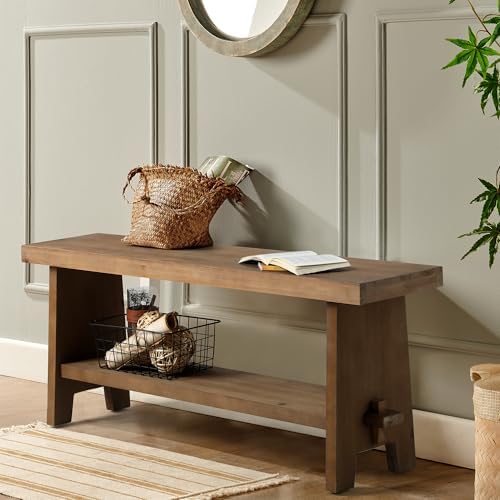Solid Wood Entryway Bench - 43.3" Farmhouse Long Storage Bench, Rustic Narrow Bench Seat for Indoor, Entryway, Dining Room, Living Room and Hallway, Brown