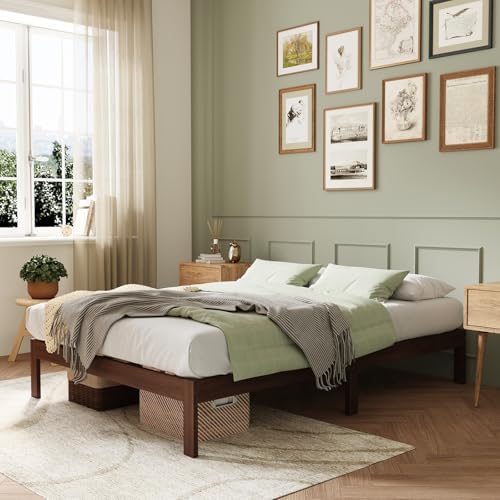 Novilla 12 Inch Wooden Queen Bed Frame, Classic Solid Wood Platform Bed Frame Queen Size, Sturdy Wood Slat Support, No Box Spring Needed, Easy Assembly, Walnut