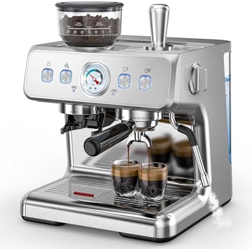 COWSAR Espresso Machine 15 Bar, Semi-Automatic Espresso Maker with Bean Grinder & Milk Frother Steam Wand, 75 Oz Removable Water Reservoir, Self-Cleaning, Ideal for Cappuccino/Latte, Stainless Steel