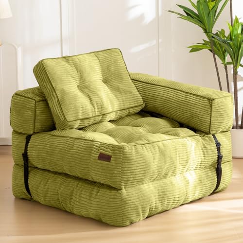MAXYOYO Folding Sofa Bed, L-Shaped Convertible Sofa Bed with Armrest Foldable Sleeper with Pillow, Portable Fold Out Chair Bed Comfy Floor Sofa Lounge for Living Room Bedroom, Green