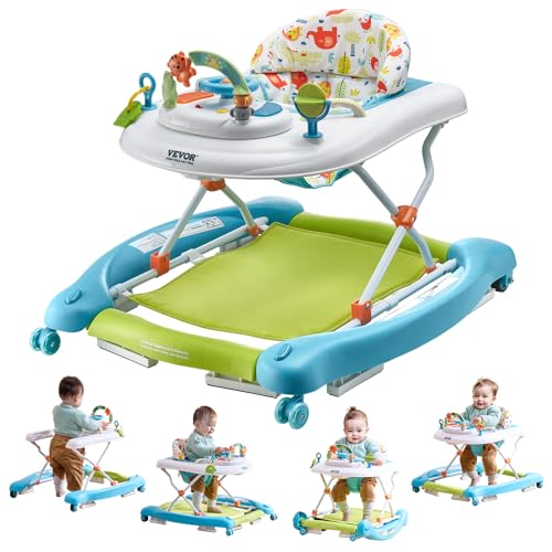 VEVOR 4-in-1 Baby Walker, Folding Baby Activity Center with Wheels, 3 Adjustable Height, Music & Toys Tray, Learning-Seated | Walk-Behind | Rocker | Bouncer Toddler Walker for Girls Boys 6-24 Months