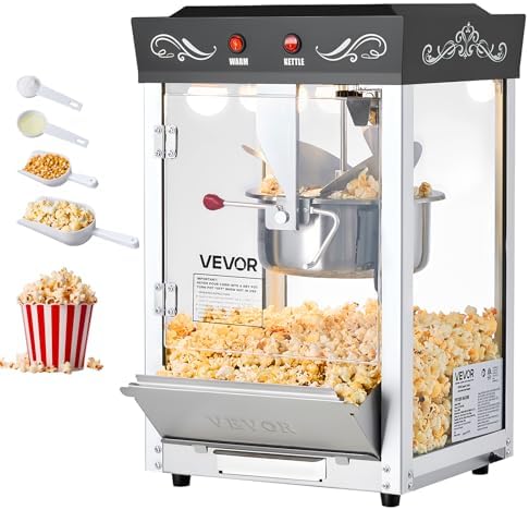 VEVOR Popcorn Machine, 8oz Stainless Steel Kettle, 800W Commercial Countertop Popcorn Maker, 48 Cups per Batch Theater Style Popper, with 2-Button Control Glass Wall PC Door 1 Scoop 3 Spoons, Black