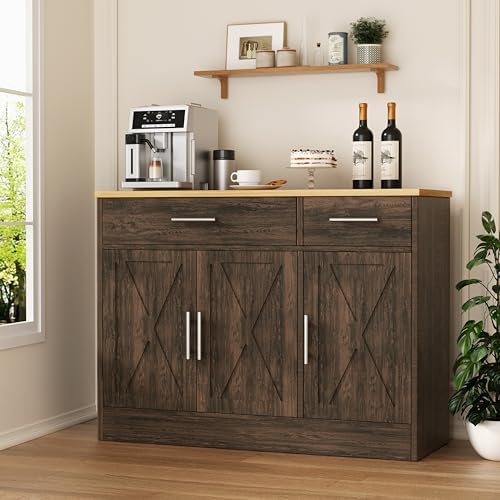 Shintenchi 3 Doors Farmhouse Sideboard Buffet Cabinet,41" Barn Doors Buffet with Storage,Wood Coffee Bar Cabinet with Adjustable Shelf for Kitchen,Living Room,Brown