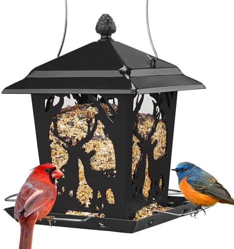 Kingsyard Metal Bird Feeder for Outdoor Hanging - Unique Design Wild Bird Hopper Feeder with 4 Perches and Rainproof Roof, Black