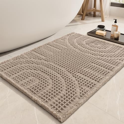 AMOAMI Waffle Bath Mat Super Absorbent Bath Mats for Bathroom Non Silp Machine Washable Bathroom Mat Soft Bath Rugs with Tassels Front of Bathtub, Sink, Brown 20"x32"