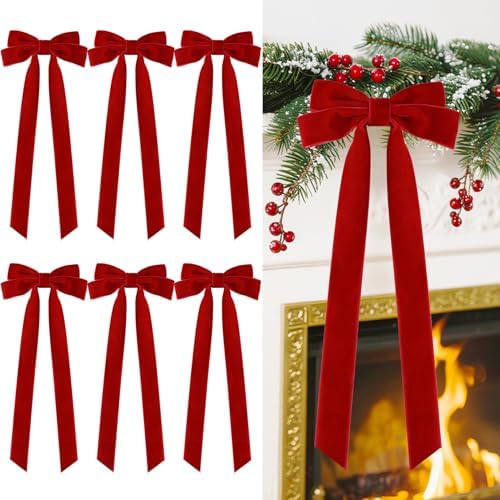 Velvet Large Christmas Bows for Staircase Garland Wreath, 20in x 8in Vintage Ribbon Bows with Twist Tie for Xmas Tree Holiday Indoor Outdoor Decorations (6Pcs, Red)