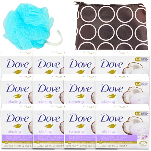 Dove Bar Soap Pack - Dove Bar Soap 12 Pack Bundle Coconut Milk 3.17 Oz Clean Coconut Milk Soap Bars Pack with Bonus Travel Bag and Loofah | Dove Moisturizing Body Wash for Women