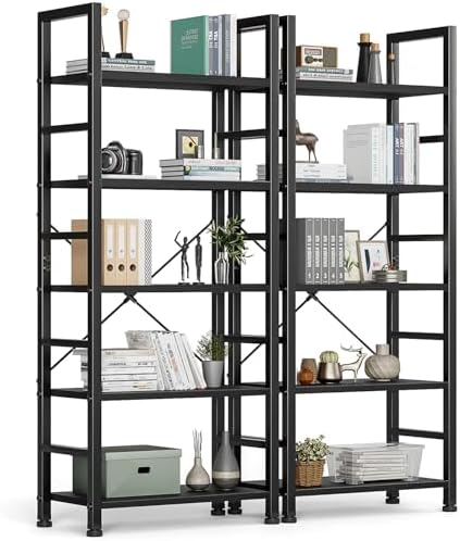 DUMOS 5 Tier Book Shelf Tall Modern Bookcase Set of 2 for Books, CDs, Movies, Storage and Organization Bookshelf Industrial Home Decor for Bedroom Office Kitchen Living Room, Black