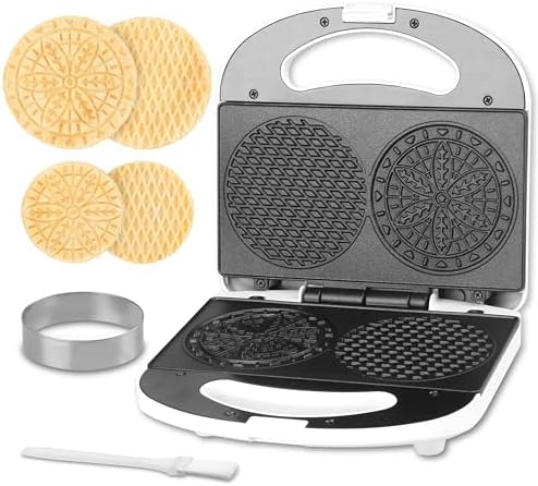 Mini Pizzelle Maker Machine with a 3'' Cutter, Mini Stroopwafel Iron, Bake 2 x 4'' Pizzelles or 3'' Stroopwafels, Excellent for Holiday, Party, Dessert Treat Making & More