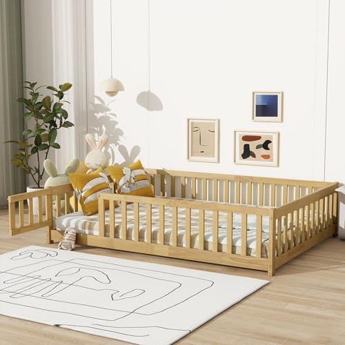 Full Size Floor Bed with Slats and Fence for Kids, Montessori Floor Bed with Door and Safety Guardrails,Wood Full Size Floor Bed Frame, Montessori Bed Full Size for Girls Boys,Natural