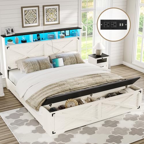 DICTAC Farmhouse Queen Bed Frame with Storage Headboard, Charging Station and LED Lights Queen Size Platform Bed Frame with Storage Ottoman, Metal Slats Support, No Box Spring Needed, Antique White