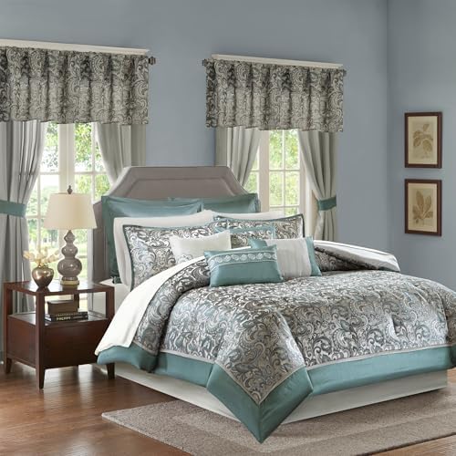 Madison Park Essentials Brystol 24 Piece Room in a Bag Faux Silk Comforter Jacquard Paisley Design Matching Curtains Down Alternative Hypoallergenic All Season Bedding-Set, King (104 in x 92 in), Teal