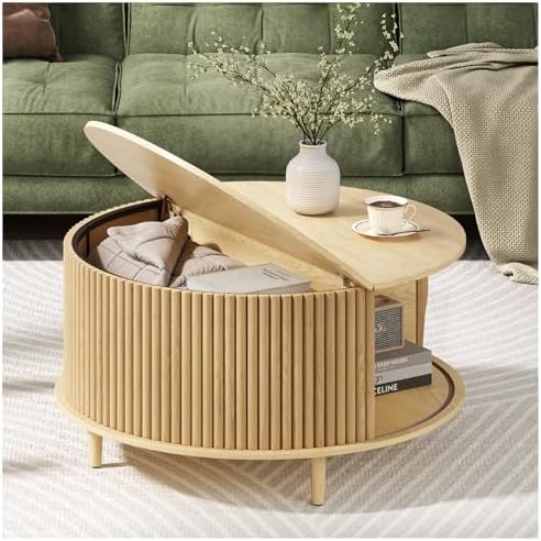 Round Coffee Table with Storage,Mid Century Modern Dining Table with Sliding Cabinet Door for Living Room,Home Small Space,31.5" Small Center Table,Oak