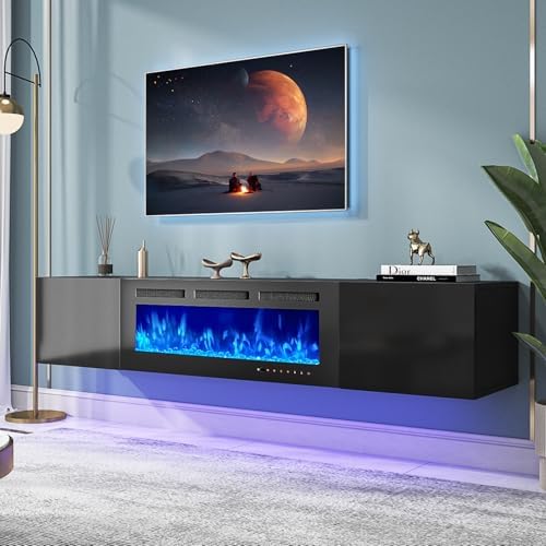 oneinmil 80" Floating TV Stand with 40" Electric Fireplace, Modern Entertainment Center with Storage, Adjustable 12-Color LED Lights, Fire Place TV Console for Living Room, All Black