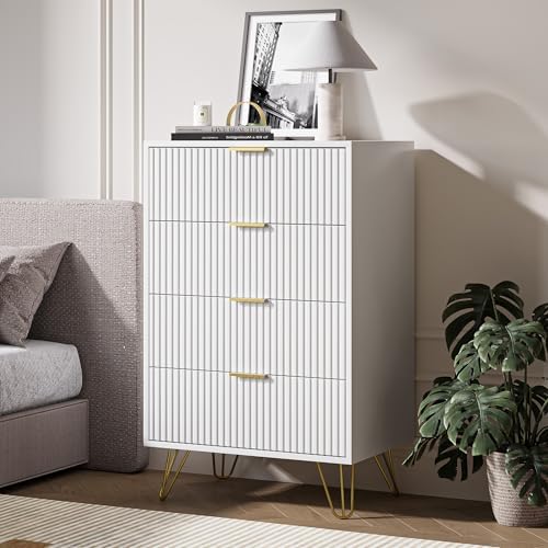 White Dresser for Bedroom, Modern Dresser with Gold Metal Handles & Chests of Drawers