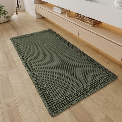 RESARE Waffle Bathroom Runner Rugs, Super Absorbent Bath Mat Non Slip Washable Quick Dry, Upgraded Ultra Soft Boho Bath Rugs with Tassels for Hallway Bedroom Laundry Room, 2'x4'(24"x48"), Green