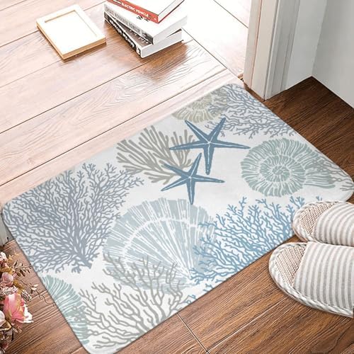 Coastal Beach Bath Mats for Bathroom Decor, Seashells Starfish Absorbent Bath Rug Non-Slip Floor Rug Carpets for Kitchen Bathroom Laundry Bedroom Living Room