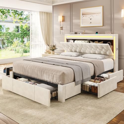 BTHFST Upholstered LED Bed Frame Queen Size with 5 Storage Drawers, Hidden Storage Headboard with Charging Station, Velvet Button Tufted Headboard Platform Bed, Beige