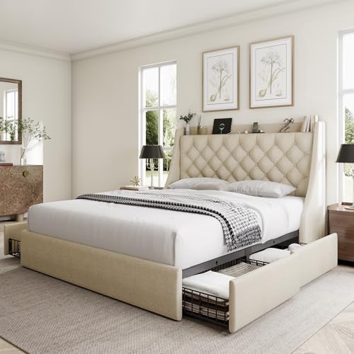 Queen Bed Frame with 4 Storage Drawers, Huge Upholstered Wingback Headboard, Fast Charging Station, No Box Spring Needed, Noise-Free, Beige