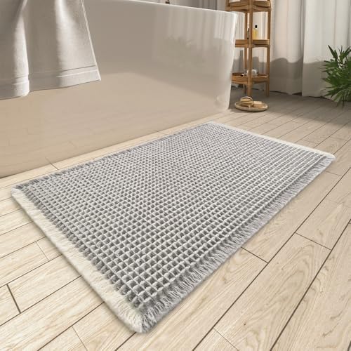 Upgraded Waffle Bath Mat, Super Absorbent Non Slip Bath Mats for Bathroom Floor, Machine Washable Bathroom Rugs with Tassels, Rubber Backed Bathroom Mats, Ultra Soft, 20" x 32",LightGrey & Cream