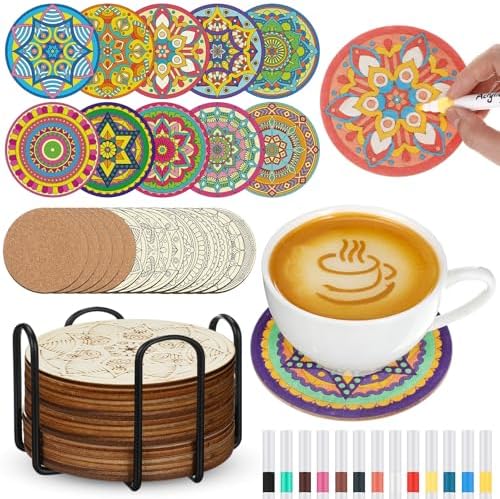 45 Pcs Wooden Coasters Painting Set with Markers 4 Inch Boho Drink Coaster Gift Arts and Crafts DIY Kit for Adults, Women, Hobby, Christmas Ornament Home Apartment Decor (Mandala)