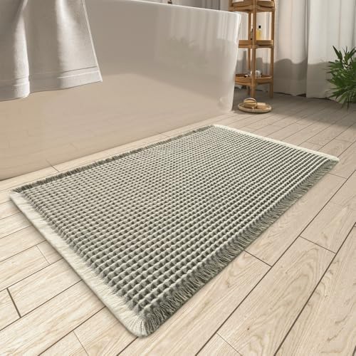 AMOAMI Upgraded Waffle Bath Mat, Super Absorbent Non Slip Bath Mats for Bathroom Floor, Machine Washable Bathroom Rugs with Tassels, Rubber Backed Bathroom Mats, Ultra Soft, 17" x 24", Green & Cream