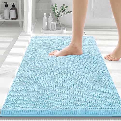 Smiry Luxury Chenille Bathroom Rugs 30x20, Extra Soft and Absorbent Shaggy Bath Mat, Machine Washable, Non-Slip Plush Carpet Runner for Tub, Shower, and Floor, Home Decor Accessories, Sky Blue