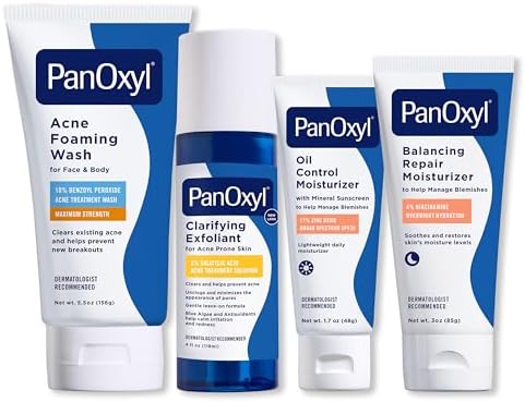 PanOxyl Complete Cleanse, Manage & Moisturize Bundle - Acne Foaming Wash Benzoyl Peroxide 10%, PM Balancing Repair Moisturizer, AM Oil Control Moisturizer & Clarifying Exfoliant with 2% Salicylic Acid