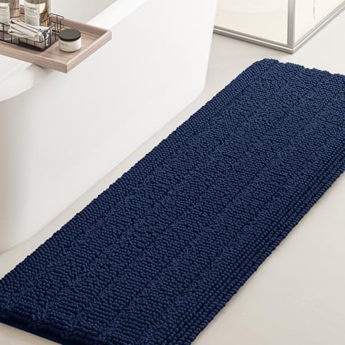 ACCUMTEK Striped Navy Blue Bathroom Rug Mat 44"x24" Ultra Soft, Non Slip Chenille Bath Rugs, Absorbent Plush Shaggy Bath Mats for Bathroom, Bedroom, Kitchen, Shower, Tub