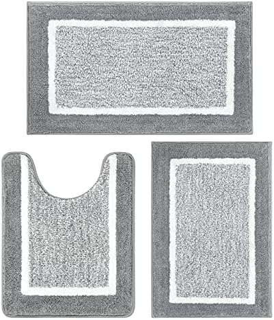Pauwer Bathroom Rug Sets - 3 Piece Shower Mats with U-Shaped Contour Toilet Mat, Absorbent Microfiber Plush Bath Mats, Non Slip, Machine Washable Shaggy Floor Mats