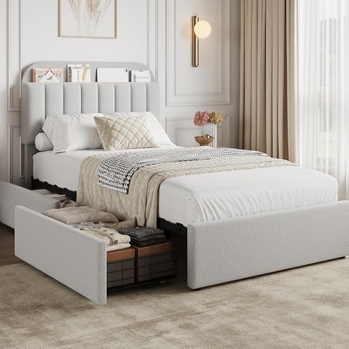 GarveeHome Twin Bed Frame with Storage Headboard, Kids Bed Frame with 2 Drawers, Boucle Upholstered Platform Bed with Bookcase, No Box Spring Needed, Easy Assembly, Grey