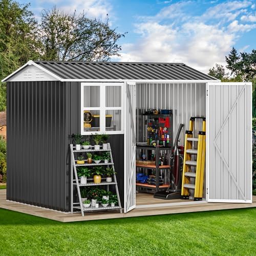 DWVO 8x6ft Large Tool Storage Shed with Window, Lockable Doors, and Sloped Roof, Oversized Steel Outdoor Storage Shed for Garden, Patio, Garage, Backyard, Lawn - Gray & White