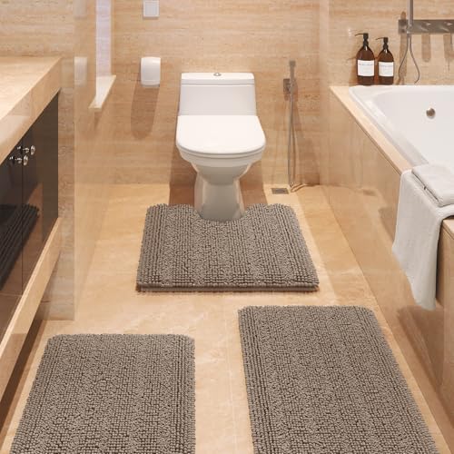 ACCUMTEK Striped Ultra Soft Bathroom Rugs and Mats Set 3 Pieces Bath Rug Set Dark Beige, Thick Chenille Bath Rugs Non Slip Bath Mats for Toilet, Bedroom, Kitchen