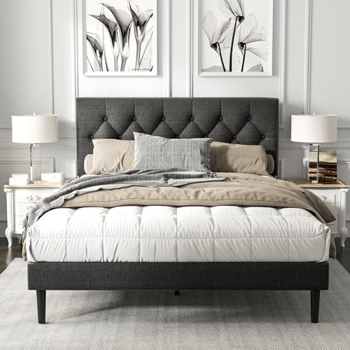 Queen Size Platform Bed Frame with Upholstered Button Tufted Headboard, Mattress Foundation with Wooden Slat Support, Noise Free, No Box Spring Needed, Easy Assembly, Dark Grey
