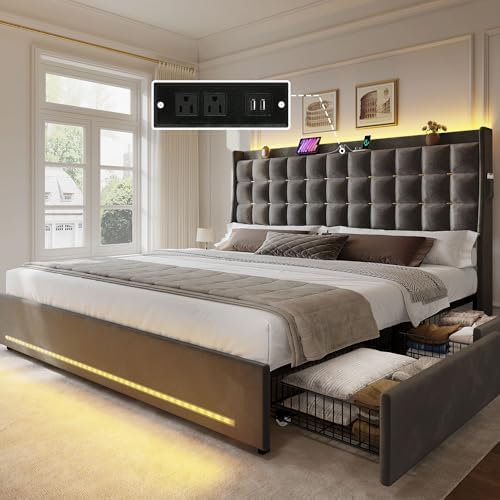 YITAHOME King Size Bed Frame with 4 Drawers and RGB LED Lights, Velvet Upholstered Platform Bed with Charging Station and Storage Headboard, No Box Spring Needed, Easy Assembly, Noise-Free, Grey