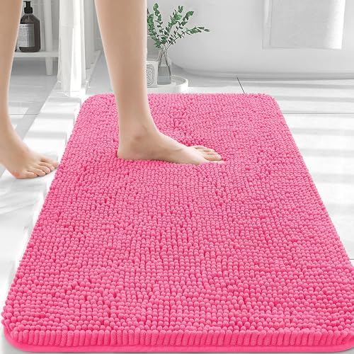 OLANLY Bathroom Rugs 30x20, Extra Soft Absorbent Chenille Bath Rugs, Rubber Backing Quick Dry, Machine Washable Bath Mats for Bathroom Floor, Tub and Shower, Home Decor Accessories, Hot Pink