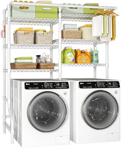 Ulif U13 Over Washer and Dryer Storage Shelves, 6 Tiers Laundry Room Standing Shelf with 2 Hanger Rods, Space Saver Clothes Drying Rack, 63.4" W x 22" D x 77.4" H, White