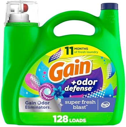 Gain + Odor Defense Liquid Laundry Detergent, HE Compatible, Super Fresh Blast Scent, 184 fl oz, 128 Loads