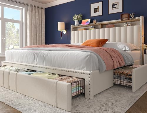 EnHomee Upholstered King Size Bed Frame with 4 Oversized Underbed Drawers, King Bed Frame and Headboard, 2-Tier Shelves, 1200LBS Strong Support, No Box Spring Needed, Easy Assembly, No-Noise, Beige