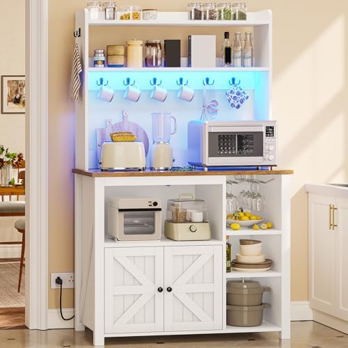 Itaar 35.4 inch Bakers Rack with Power Outlet and Storage, Farmhouse Coffee Bar Cabinet, Microwave Stand Kitchen Cabinet with Hutch, LED Lights, Wine Glass Holder and 8 Hooks,White