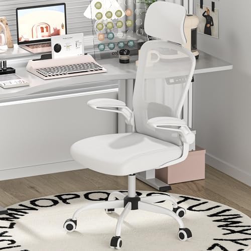 Mimoglad Office Chair, High Back Ergonomic Desk Chair with Adjustable Lumbar Support and Headrest, Swivel Task Chair with flip-up Armrests for Guitar Playing (Modern, Ivory White)