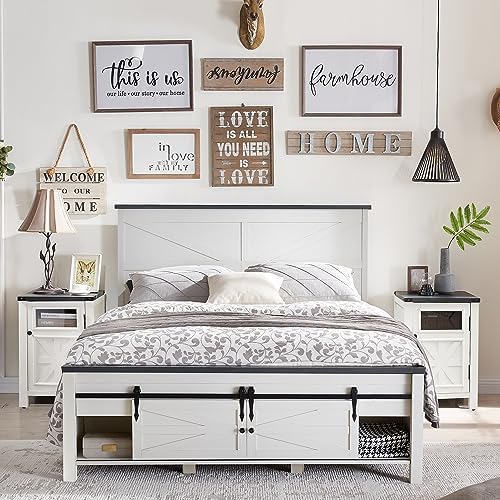 JXQTLINGMU Farmhouse Wood Bed Frame Full Size with Sliding Barn Door Storage Cabinets and Headboard, Solid Wood Slats Support, Noiseless, No Box Spring Needed, White