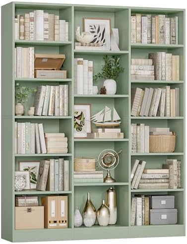 FACBOTALL Triple Wide Bookshelf, 6 Tier Large Bookshelf, Bookcase with 17 Open Display Shelves, 74'' Tall Bookcases and Bookshelves for Living Room, Home Office, Library, Green