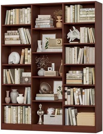 FACBOTALL Triple Wide Bookshelf, 6 Tier Large Bookshelf, Bookcase with 17 Open Display Shelves, 74'' Tall Bookcases and Bookshelves for Living Room, Home Office, Library, Cherry