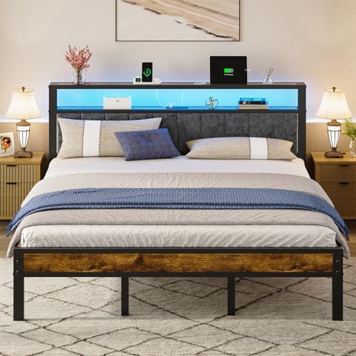 King Size Platform Bed Frame with LED Lights, Grey Upholstered Headboard with 2-Tier Storage Shelves, Charging Station, Noise Free, No Box Spring Needed, Easy Assemably
