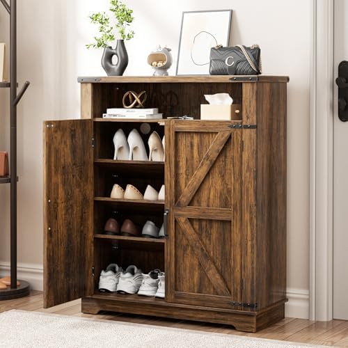 6-Tier Shoe Cabinet with Doors, Entryway Shoe Rack Wooden Shoe Storage Cabinet with Adjustable Shelves & Anti-tip Fitting, Farmhouse Shoe Cabinet Storage for Entryway, Living Room, Closet