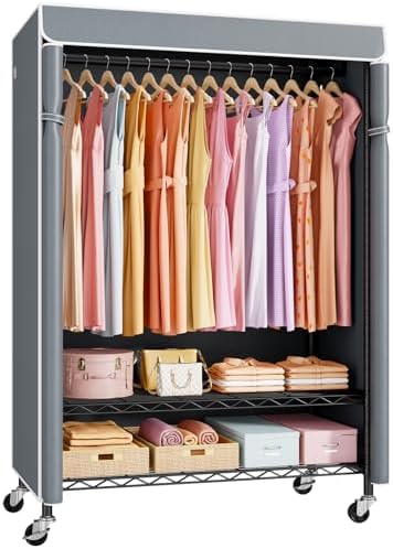 P6C Plus Rolling Clothes Rack with Cover, Covered Clothing Rack Heavy Duty, Portable Closet for Hanging Clothes, Garment Rack on Wheels, Black Closet Rack with Gray Cover, Max Load 375LBS