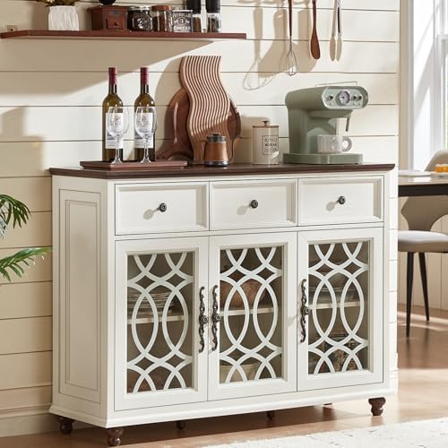 Farmhouse Sideboard Buffet Cabinet with Storage,48" Large Credenza with 3 Glass Doors & 3 Drawers,Adjustable Shelves Console Table,Wood Kitchen Coffee Bar for Dining Room,Living Room,White